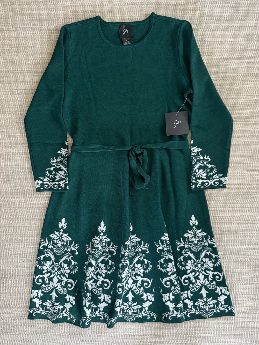 Jessica Howard green floral 3/4 sleeve tie belt knit sweater dress women's L NWT